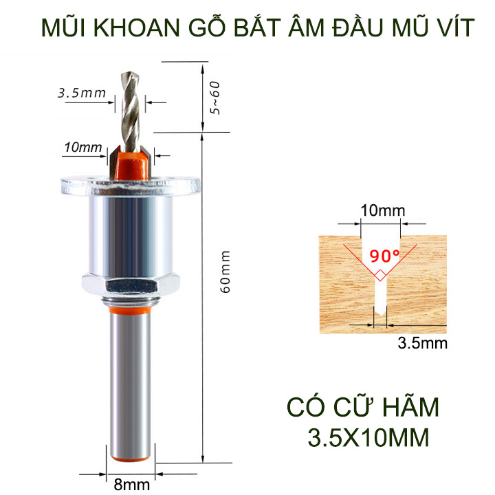 Mũi khoan gỗ bắt âm đầu mũ vít, loại có cữ hãm, đầu âm 10mm, nhiều kích cỡ cho khách lựa chọn