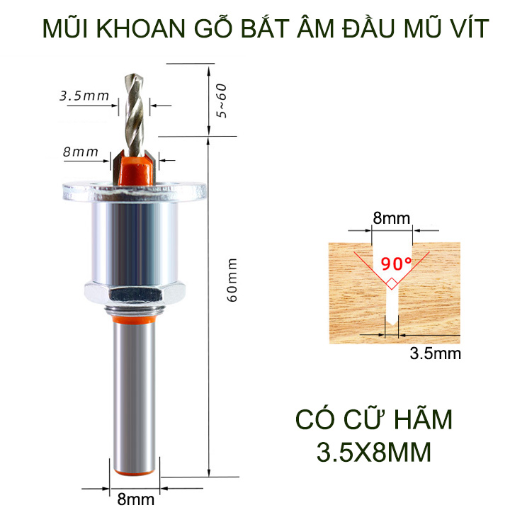 Mũi khoan gỗ bắt âm đầu mũ vít, loại có cữ hãm, đầu âm 8mm, nhiều kích cỡ cho khách lựa chọn