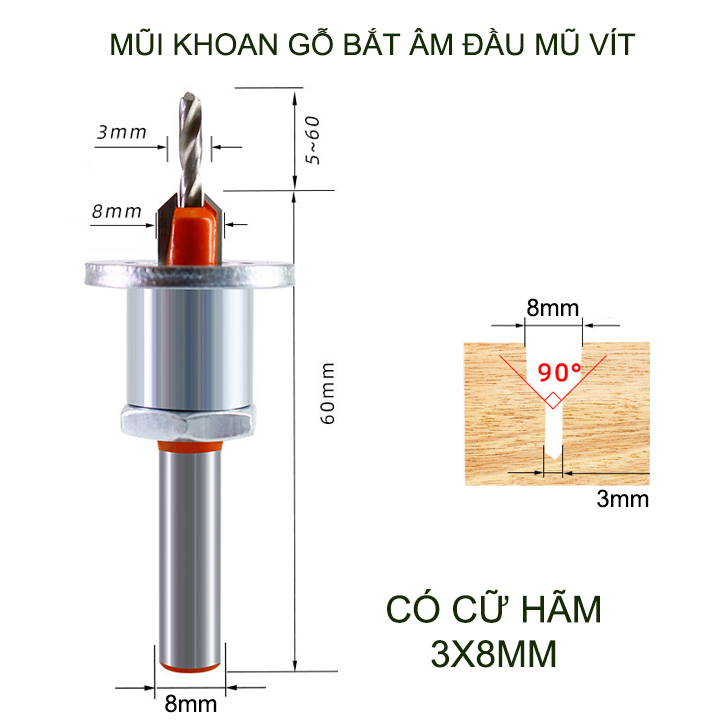 Mũi khoan gỗ bắt âm đầu mũ vít, loại có cữ hãm, đầu âm 8mm, nhiều kích cỡ cho khách lựa chọn