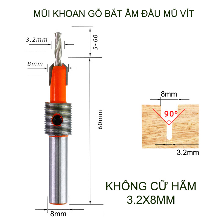 Mũi khoan gỗ bắt âm đầu mũ vít, loại có cữ hãm, đầu âm 8mm, nhiều kích cỡ cho khách lựa chọn