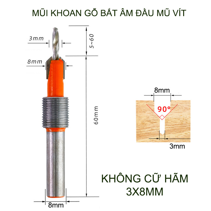 Mũi khoan gỗ bắt âm đầu mũ vít, loại có cữ hãm, đầu âm 8mm, nhiều kích cỡ cho khách lựa chọn