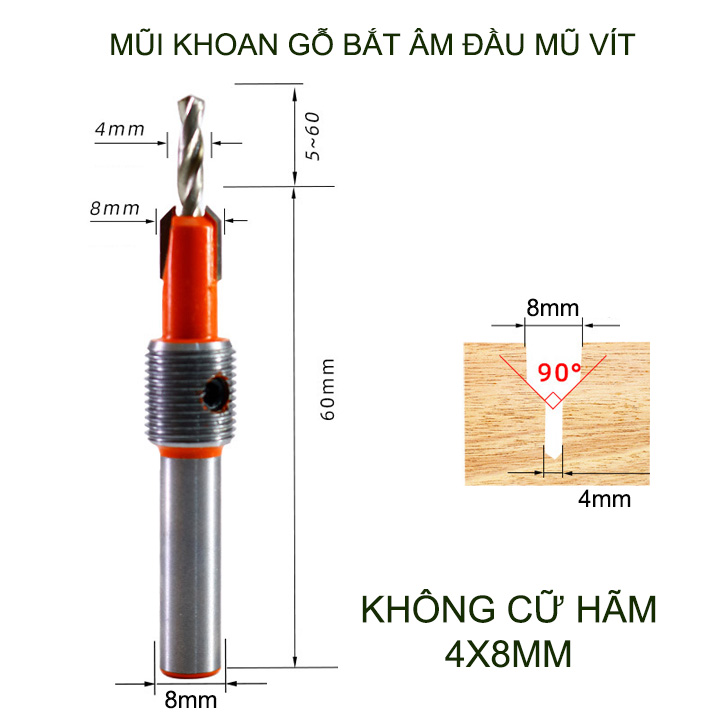 Mũi khoan gỗ bắt âm đầu mũ vít, loại có cữ hãm, đầu âm 8mm, nhiều kích cỡ cho khách lựa chọn