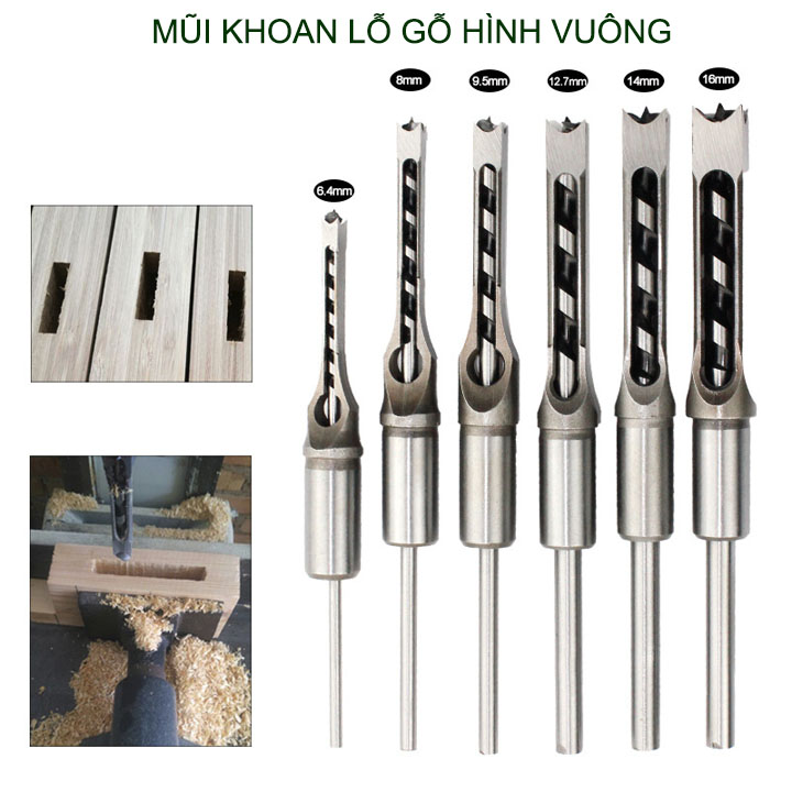 01 Mũi khoan lỗ gỗ vuông bằng thép cứng, dùng cho máy khoan đục lỗ