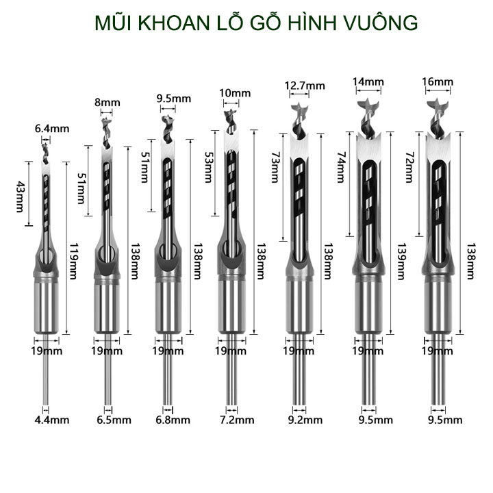 01 Mũi khoan lỗ gỗ vuông bằng thép cứng, dùng cho máy khoan đục lỗ