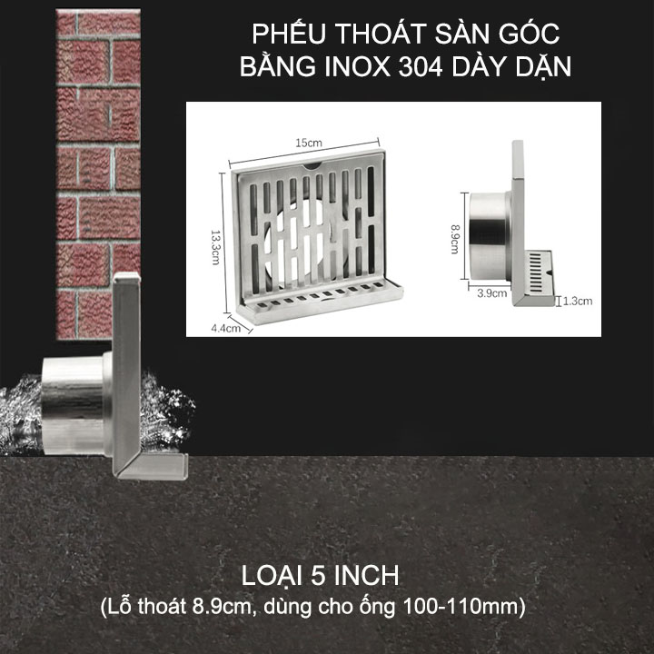 Phễu thoát sàn góc bằng inox 304 dày dặn, loại 5inch lệch (D89mm lắp cho ống D100-110mm)