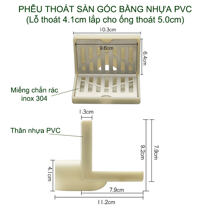 Phễu thoát sàn góc bằng nhựa PVC, lỗ thoát 4.1cm dùng cho ống 5.0cm