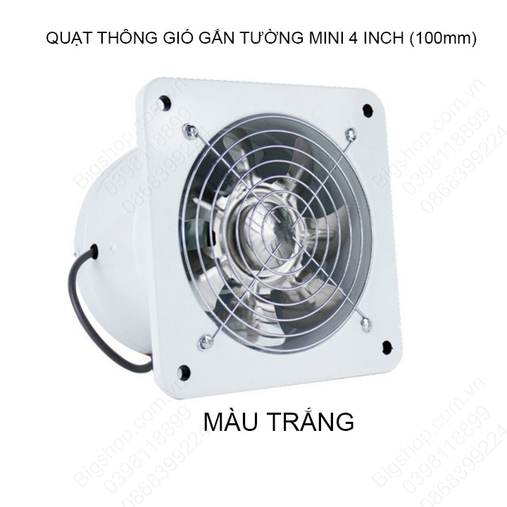 Quạt thông gió gắn tường mini 4inch D100mm, gắn tường khoét lỗ hoặc gắn ống D100mm, có tai bắt vít vào tường