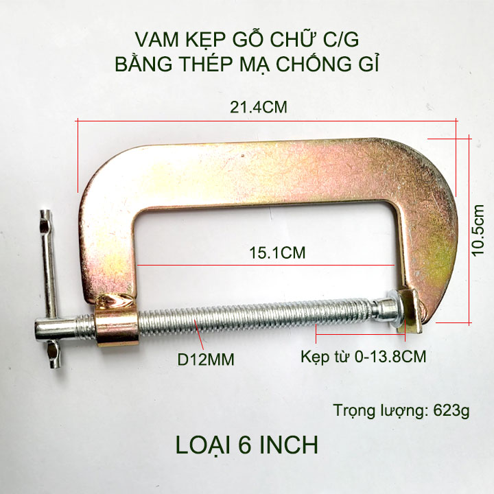 Kẹp gỗ chữ C đa năng bằng thép mạ chống gỉ, nhiều kích thước tùy chọn (5-8 inch)