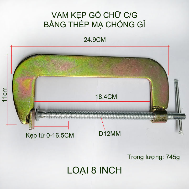 Kẹp gỗ chữ C đa năng bằng thép mạ chống gỉ, nhiều kích thước tùy chọn (5-8 inch)