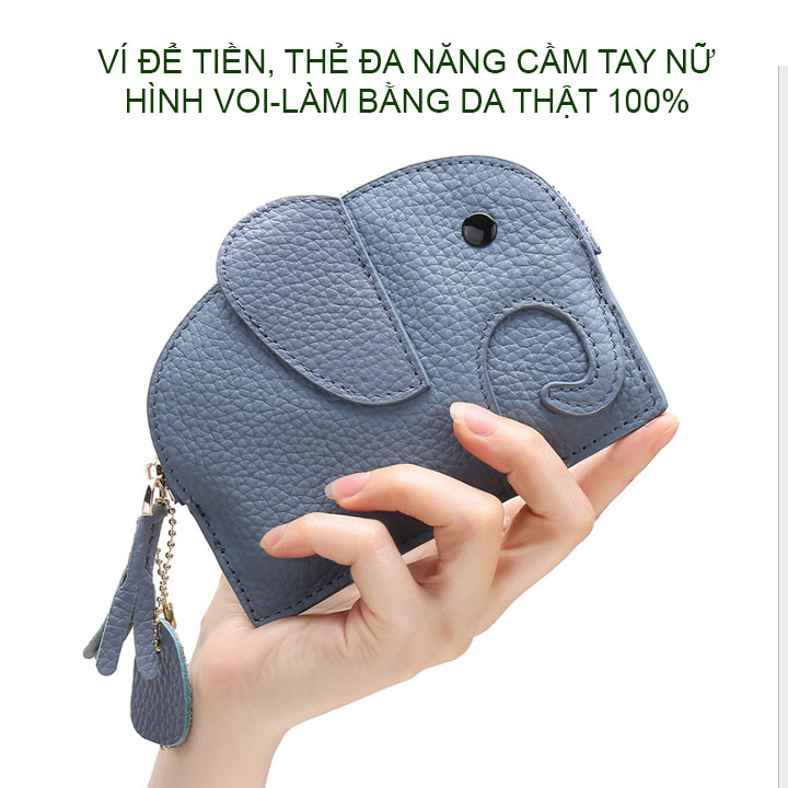 Ví da thật 100% nữ cầm tay, hình voi, để tiền, thẻ và đồ cá nhân đa năng