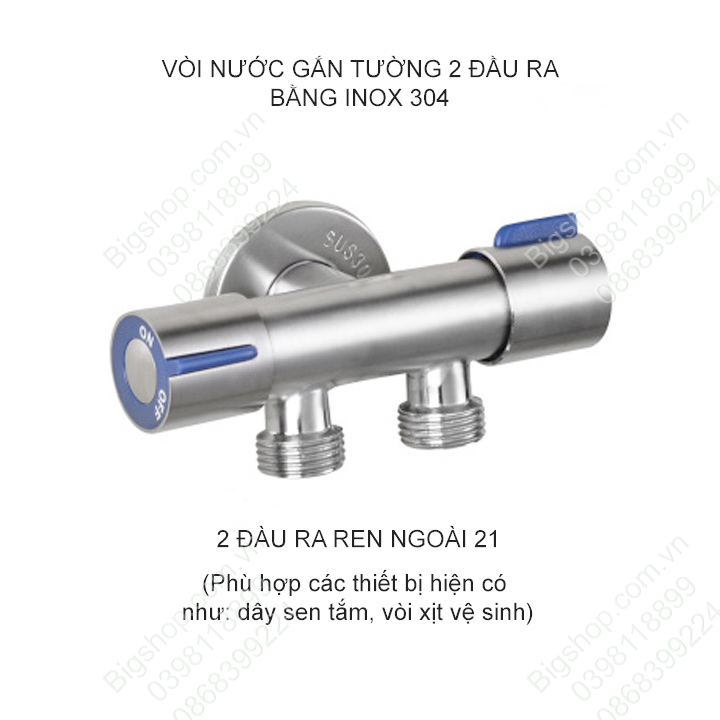 Vòi nước lạnh 2 đầu ra gắn tường bằng inox 304, đường kính ren và ra 21mm, ren ngoài