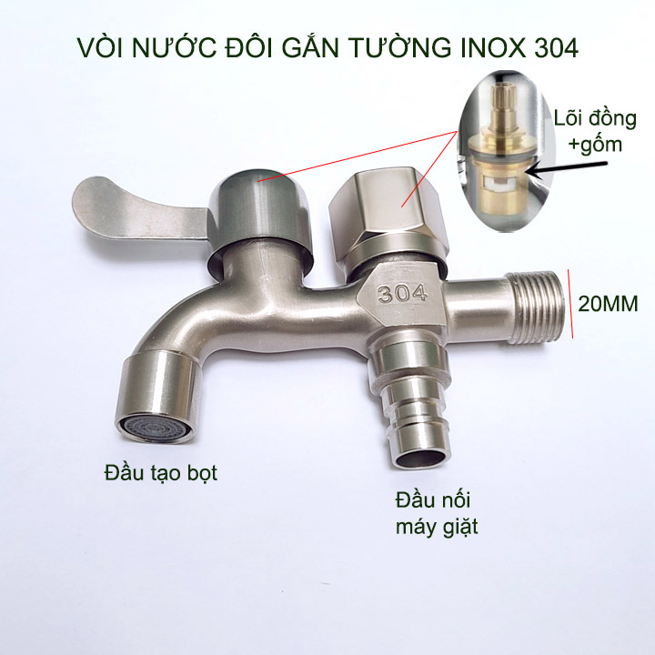 Vòi nước đôi bằng inox 304 gắn tường G03B với 01 đầu vào 2 đầu ra (đầu vào DN15 lắp cho ống D21)