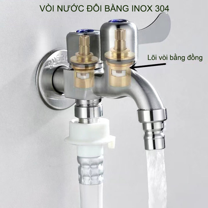 Vòi nước đôi bằng inox 304 gắn tường G03 với 01 đầu vào 2 đầu ra (đầu vào DN15 lắp cho ống D21)