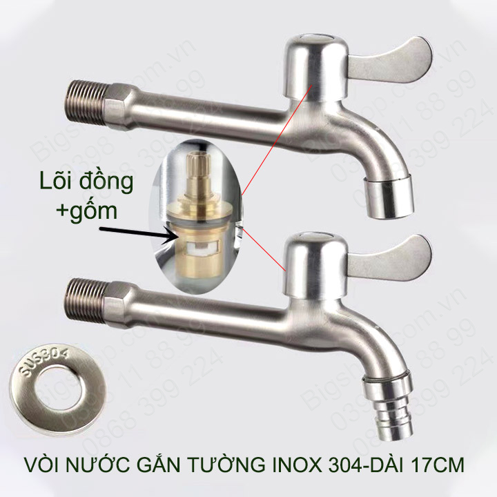 Vòi nước lạnh bằng inox 304 gắn tường thân dài 17cm, đầu tạo bọt hoặc gắn máy giặt tùy chọn (DN15 lắp cho ống D21)