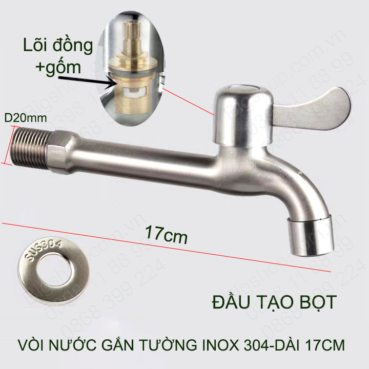 Vòi nước lạnh bằng inox 304 gắn tường thân dài 17cm, đầu tạo bọt hoặc gắn máy giặt tùy chọn (DN15 lắp cho ống D21)