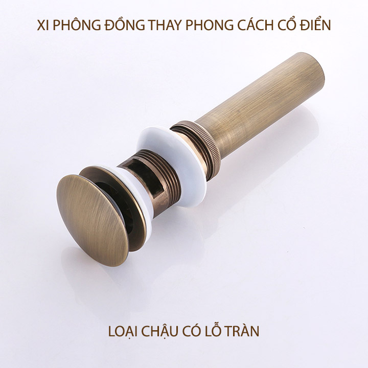 Xi phông chậu rửa mặt lavabo bằng đồng thau phong cách cổ điển, nút nhất đóng xả