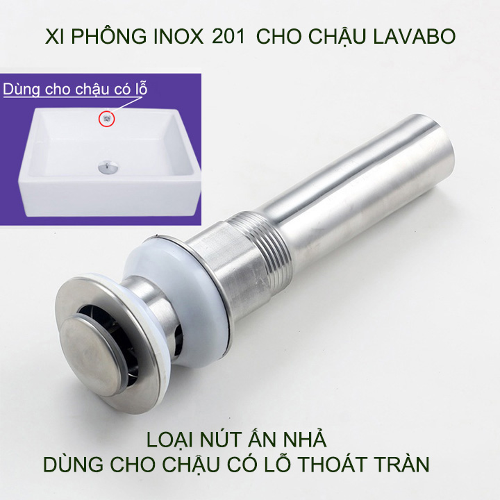 Xi phông chậu rửa mặt lavabo bằng inox 201, nút nhấn đóng xả, dùng cho chậu có lỗ thoát tràn