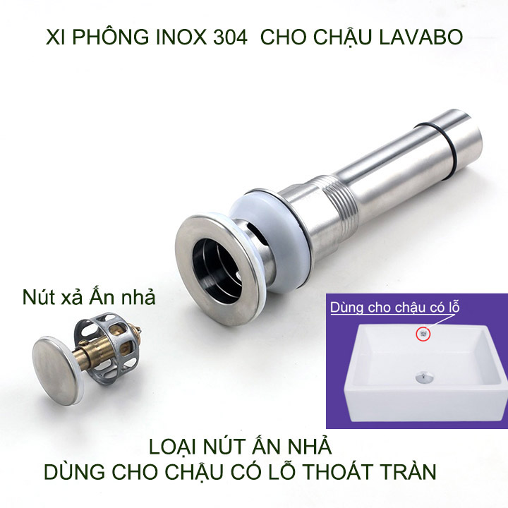 Xi phông chậu rửa mặt lavabo bằng inox 304, nút nhấn đóng xả, dùng cho chậu có lỗ thoát tràn