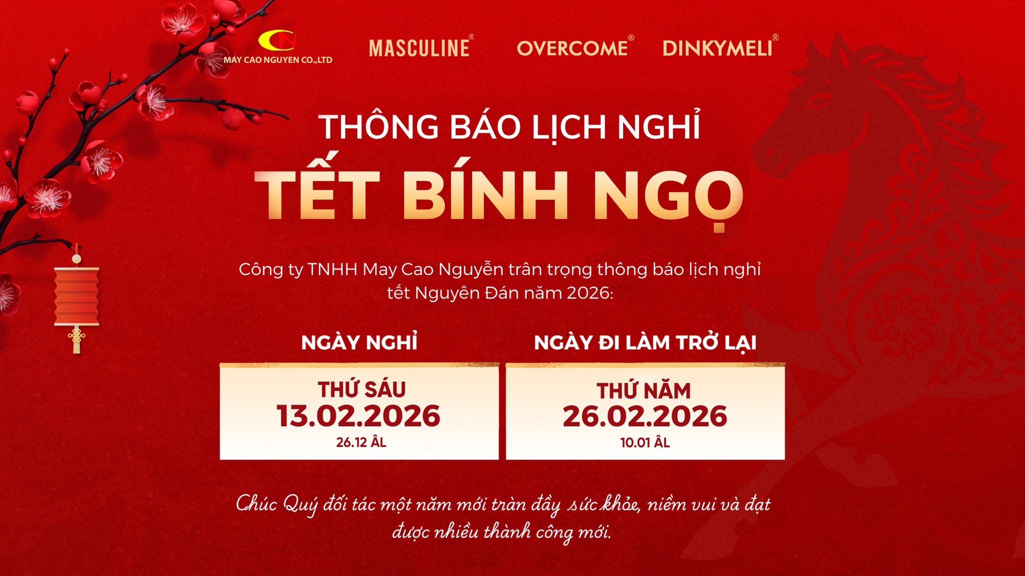 THÔNG BÁO LỊCH NGHỈ TẾT NGUYÊN ĐÁN BÍNH NGỌ 2026
