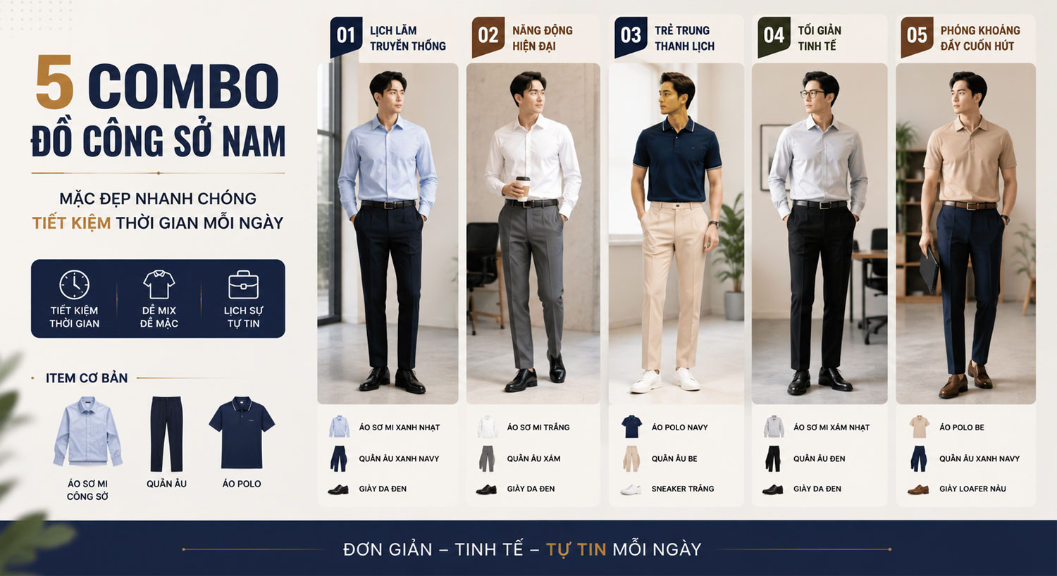 5 COMBO ĐỒ CÔNG SỞ NAM GIÚP TIẾT KIỆM THỜI GIAN MỖI SÁNG