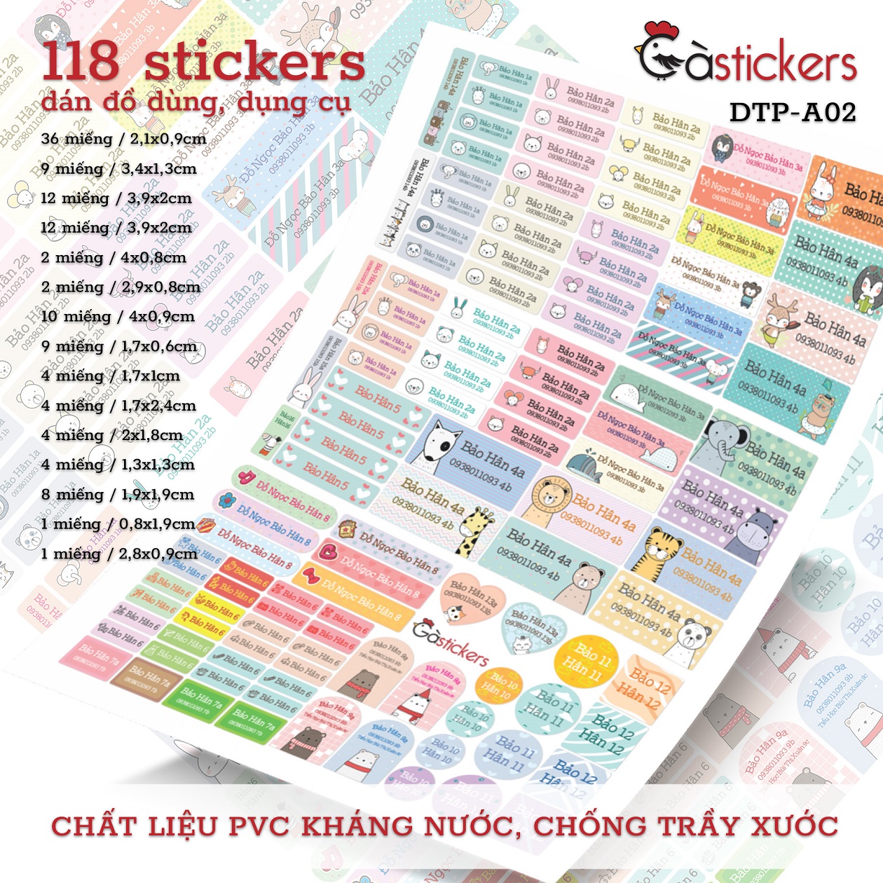 Sticker dán in tên trẻ em GaStickers DTP bộ 118 miếng