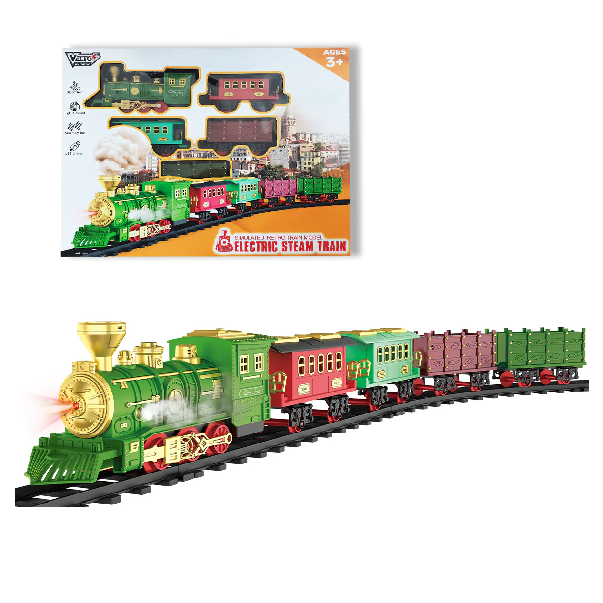 Đồ chơi lắp ráp đường ray và tàu hỏa hơi nước (Xanh)