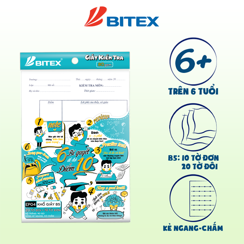 Giấy kiểm tra khổ B5 kẻ ngang có chấm 80gsm/EP04(20 tờ đôi+10 tờ đơn/xấp)