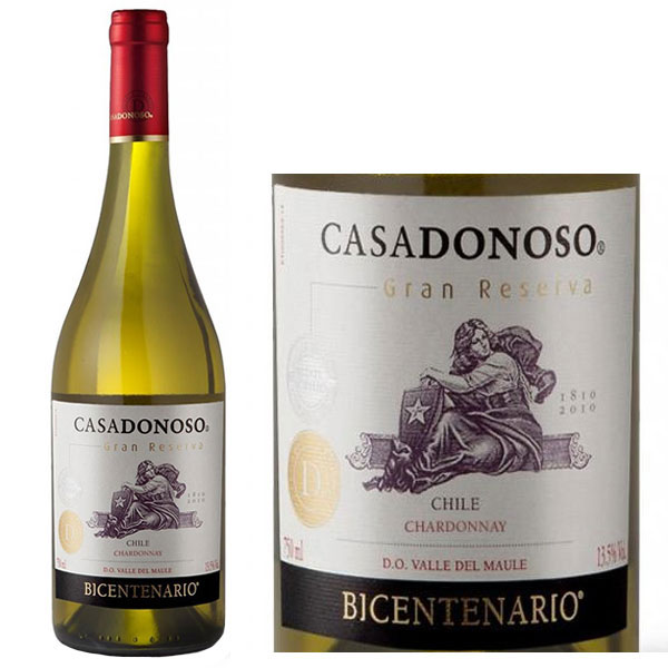 Nhãn và chai Vang trắng Casadonoso Gran Reserva Chardonnay