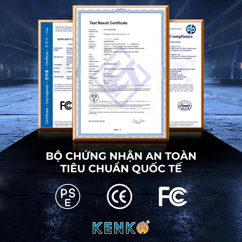 Giấy chứng nhận pin áo điều hoà KENKO