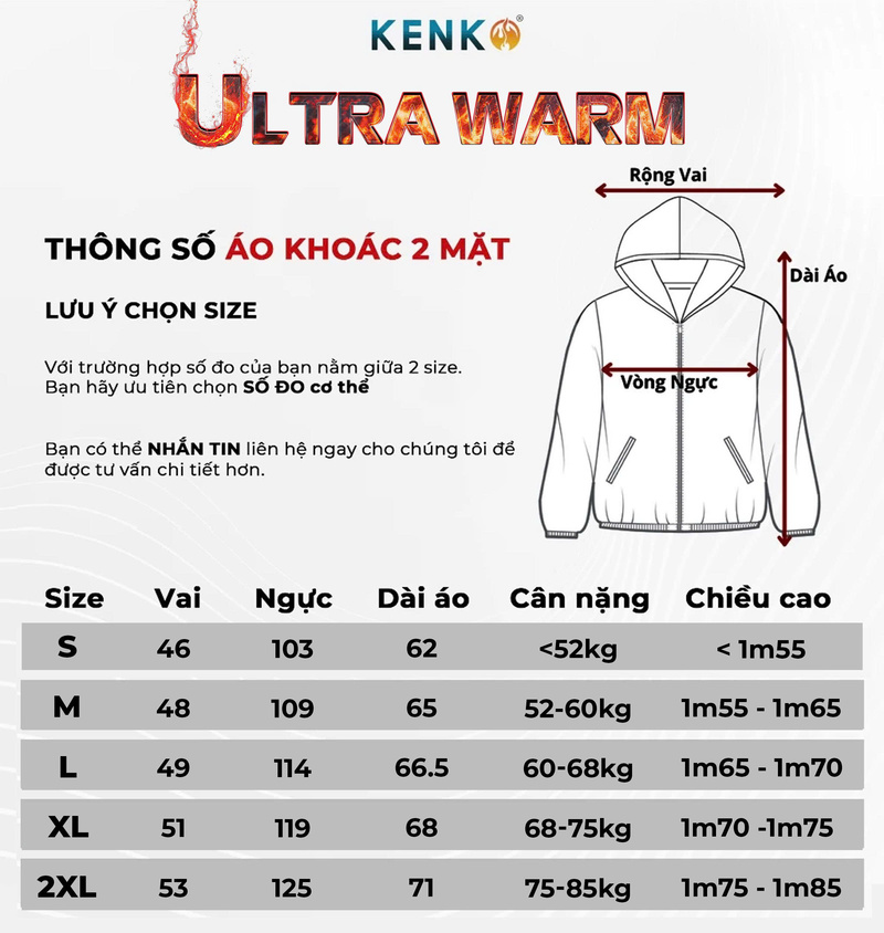 Áo gió sưởi ấm chạy pin KENKO Ultrawarm công nghệ nhiệt tối ưu - Màu đen