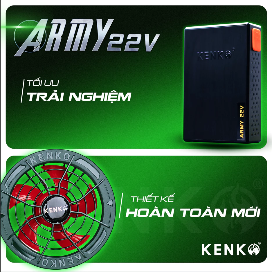 Bộ pin quạt kèm sạc KENKO ARMY 22V bản ECO tiết kiệm