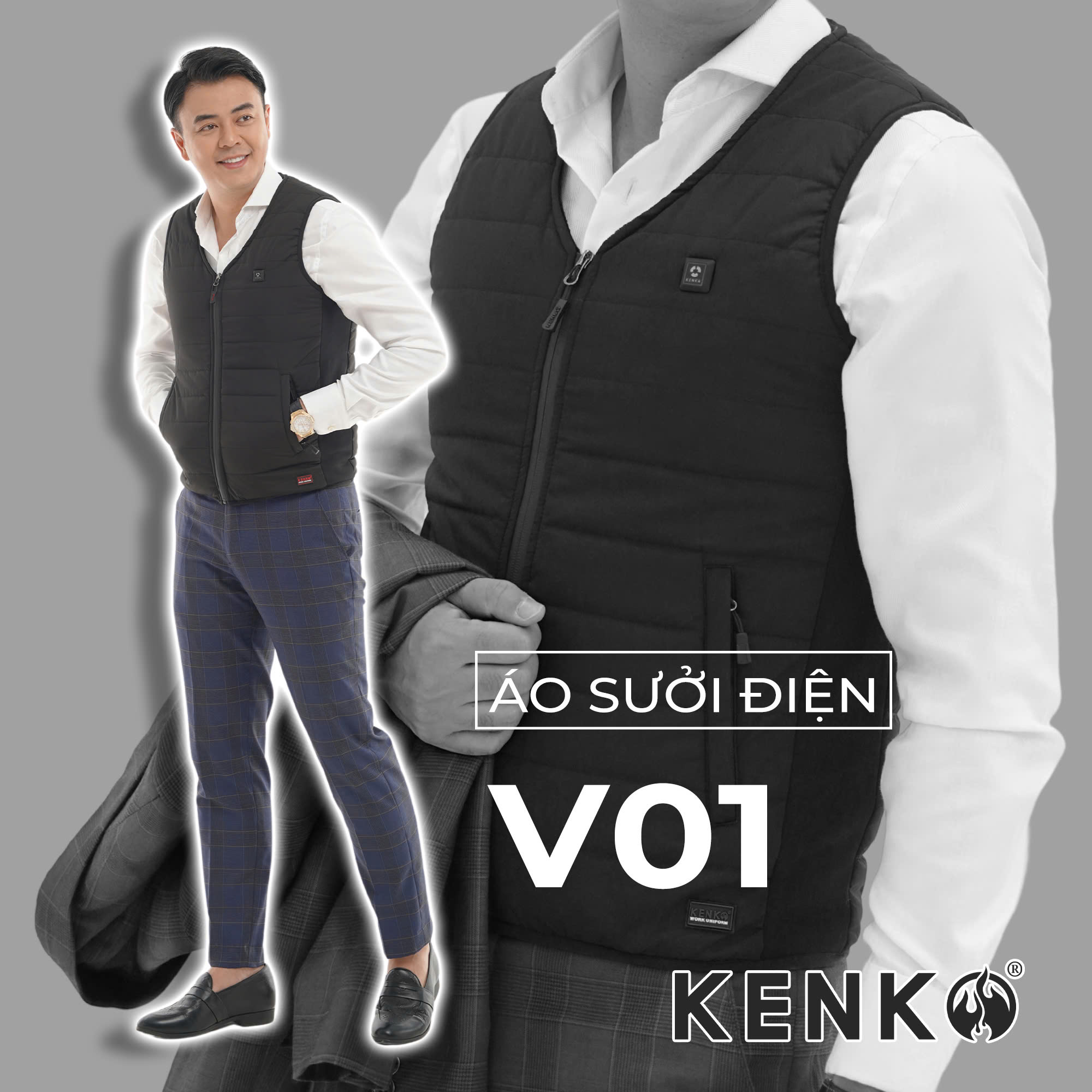 Áo sưởi gile KENKO V01 Nhật Bản 9 vùng nhiệt siêu ấm chống nước và mưa tuyết tuyệt đối