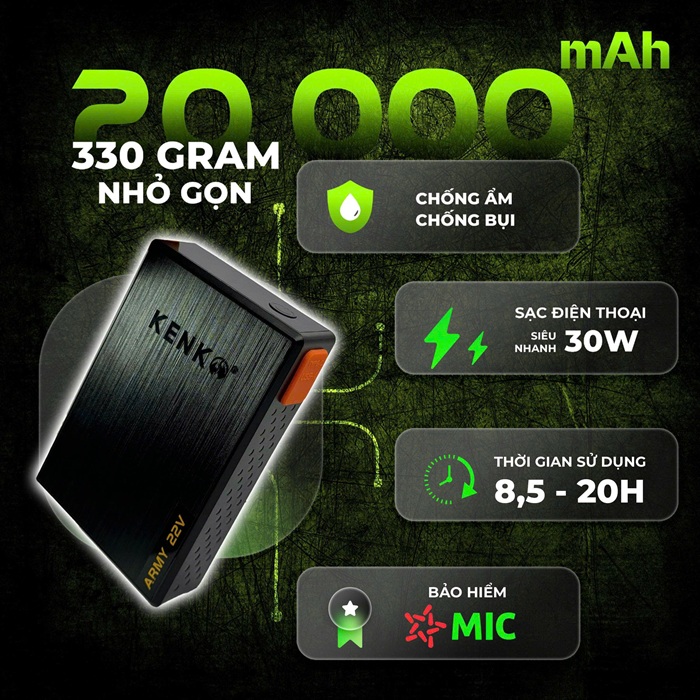 Pin áo điều hòa KENKO Army 22v