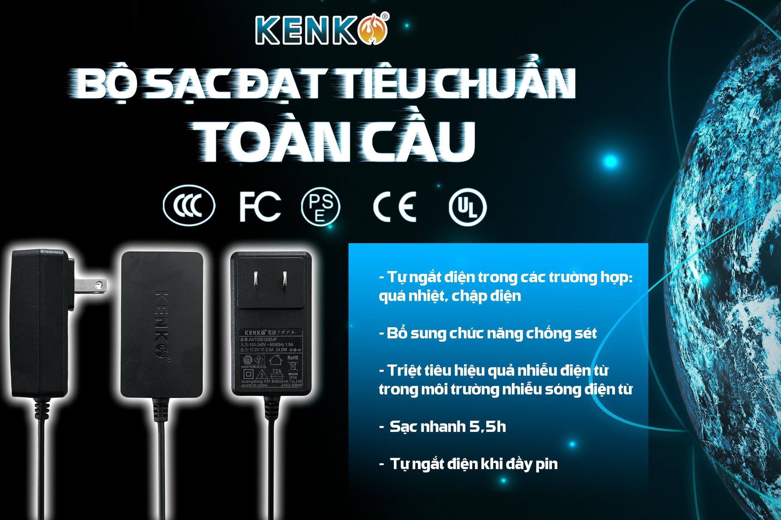 Bộ sạc nhanh KENKO 12V-2.0A mới nhất 2024 chống chai pin