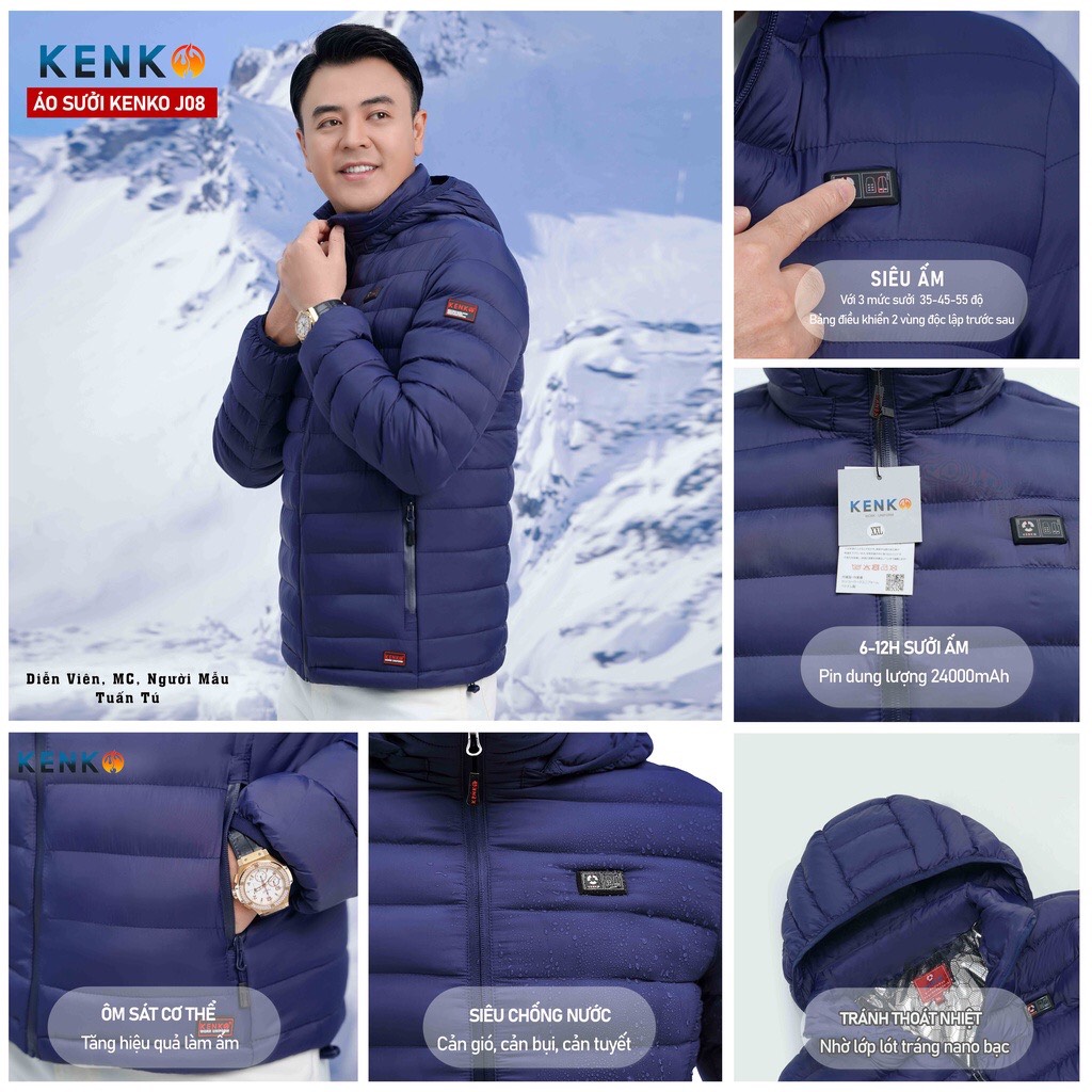 Áo sưởi Nhật Bản Kenko J08 chạy bằng pin siêu ấm, vải chống nước tuyệt đối
