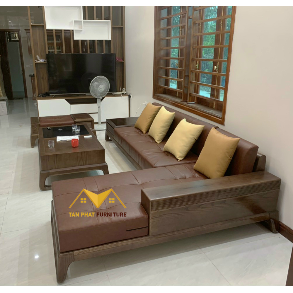 Thiết kế bàn ghế sofa gỗ phòng khách chữ L chân cong là một xu hướng được yêu thích của năm