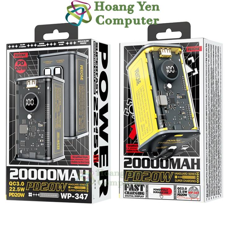 Sạc Dự Phòng Trong Suốt Wekome WP-347 20000mAh (Sạc Nhanh PD20W, QC3.0 18W, VOOC 22.5W, Tích Hợp Cáp Sạc) - BH 1 Năm | Hoàng Yến Computer