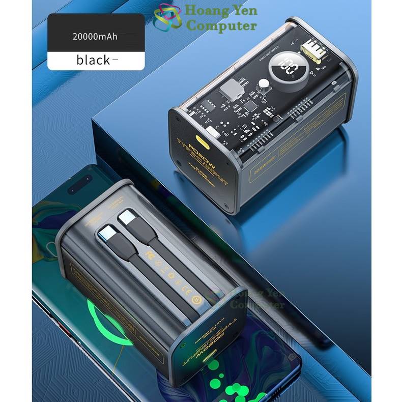 Sạc Dự Phòng Trong Suốt Wekome WP-347 20000mAh (Sạc Nhanh PD20W, QC3.0 18W, VOOC 22.5W, Tích Hợp Cáp Sạc) - BH 1 Năm | Hoàng Yến Computer