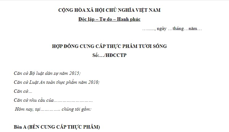 Mẫu hợp đồng cung cấp thực phẩm cho trường học, nhà hàng, khách sạn, KCN