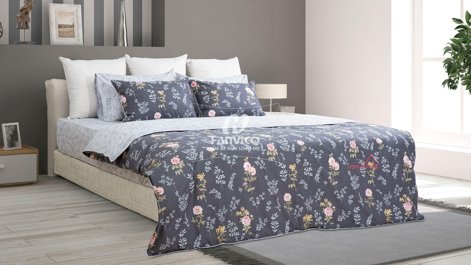 Bộ Chăn Ga Gối Hanvico Living LV20 vải cotton cao cấp