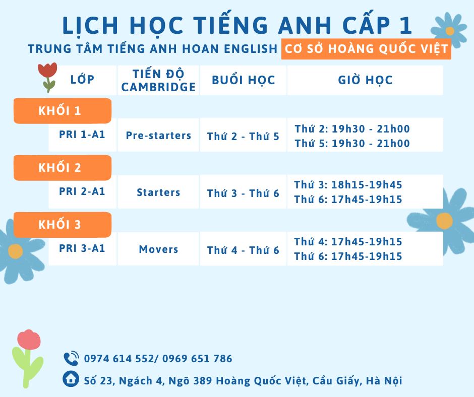 [HOAN ENGLISH] TUYỂN SINH CÁC LỚP CẤP 1 VÀ CẤP 2 Ở CƠ SỞ 2 HOÀNG QUỐC VIỆT