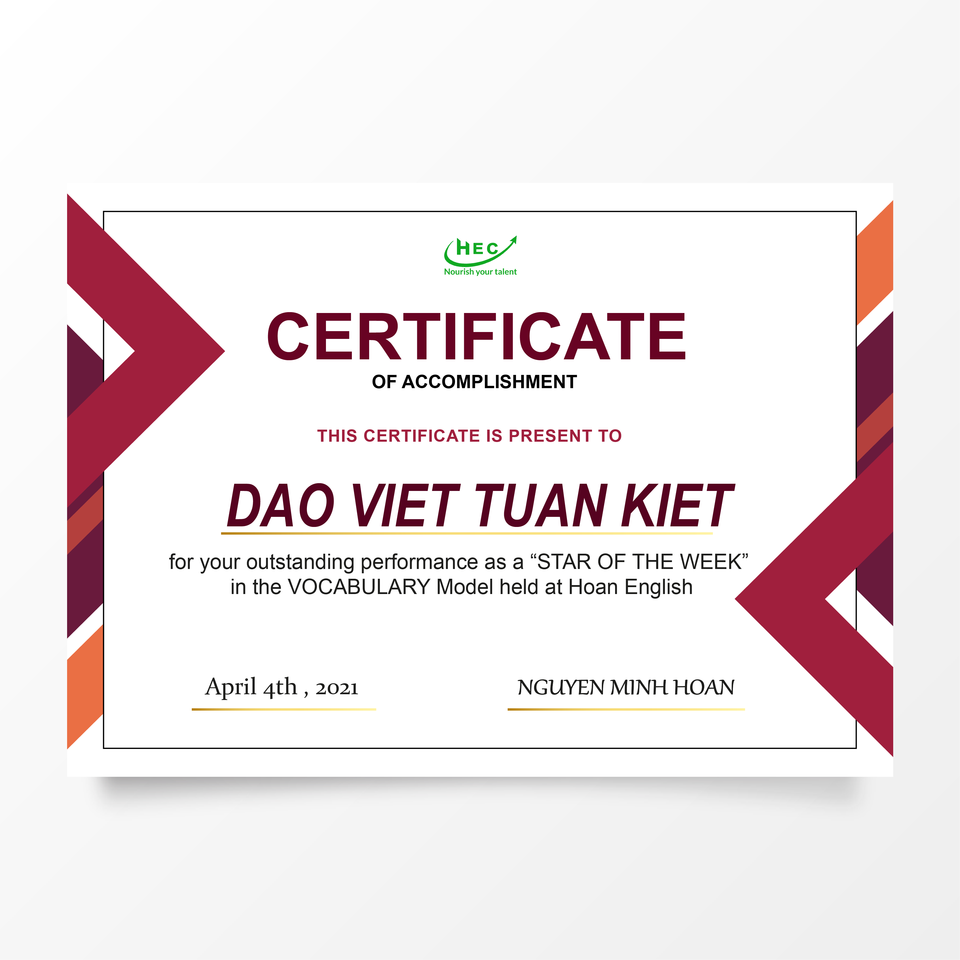 DANH SÁCH HS ĐẠT GIẢI STAR OF THE WEEK CHUYÊN ĐỀ TỪ VỰNG