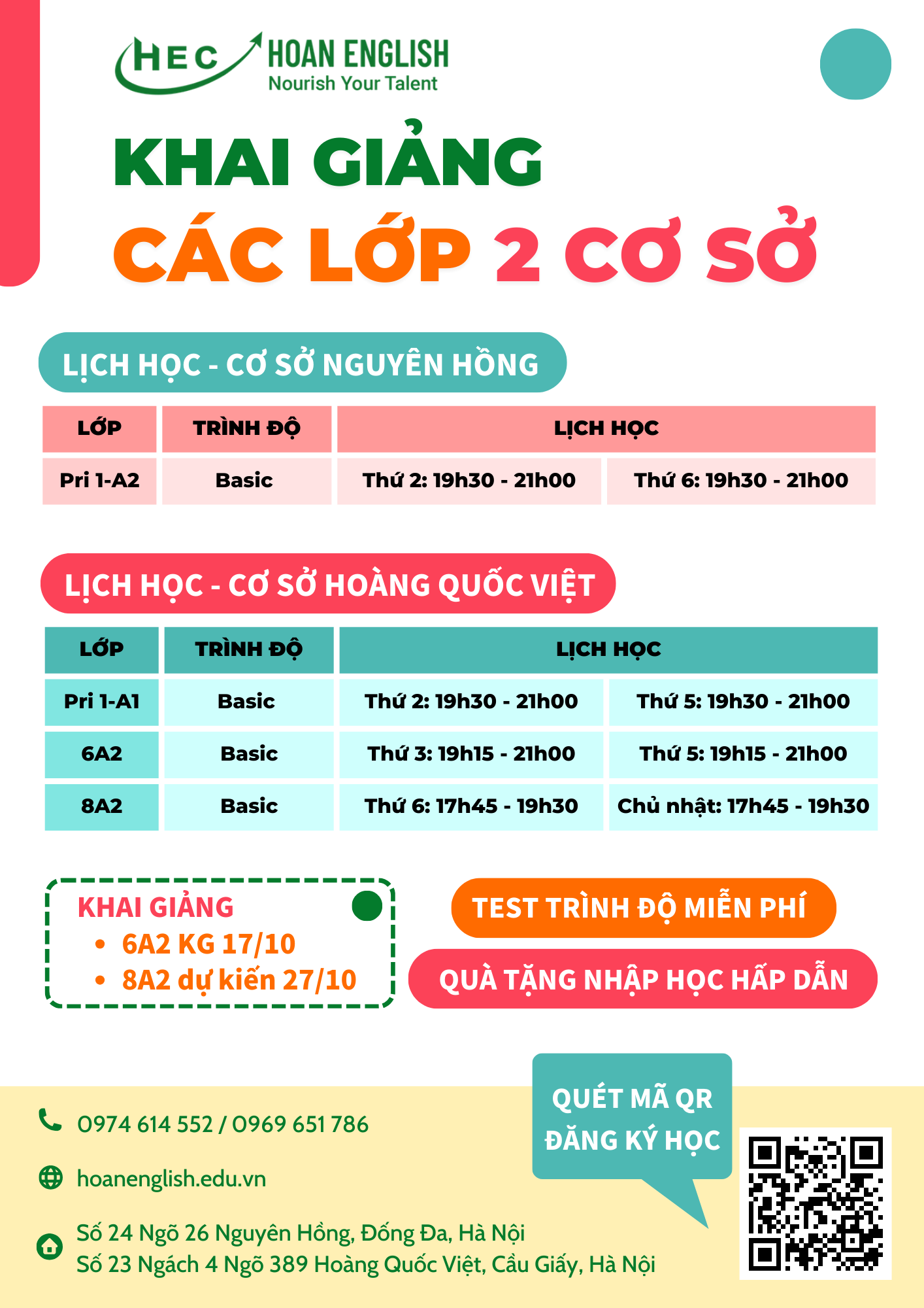 HOAN ENGLISH - TUYỂN SINH CÁC LỚP 2 CƠ SỞ NGUYÊN HỒNG VÀ HOÀNG QUỐC VIỆT