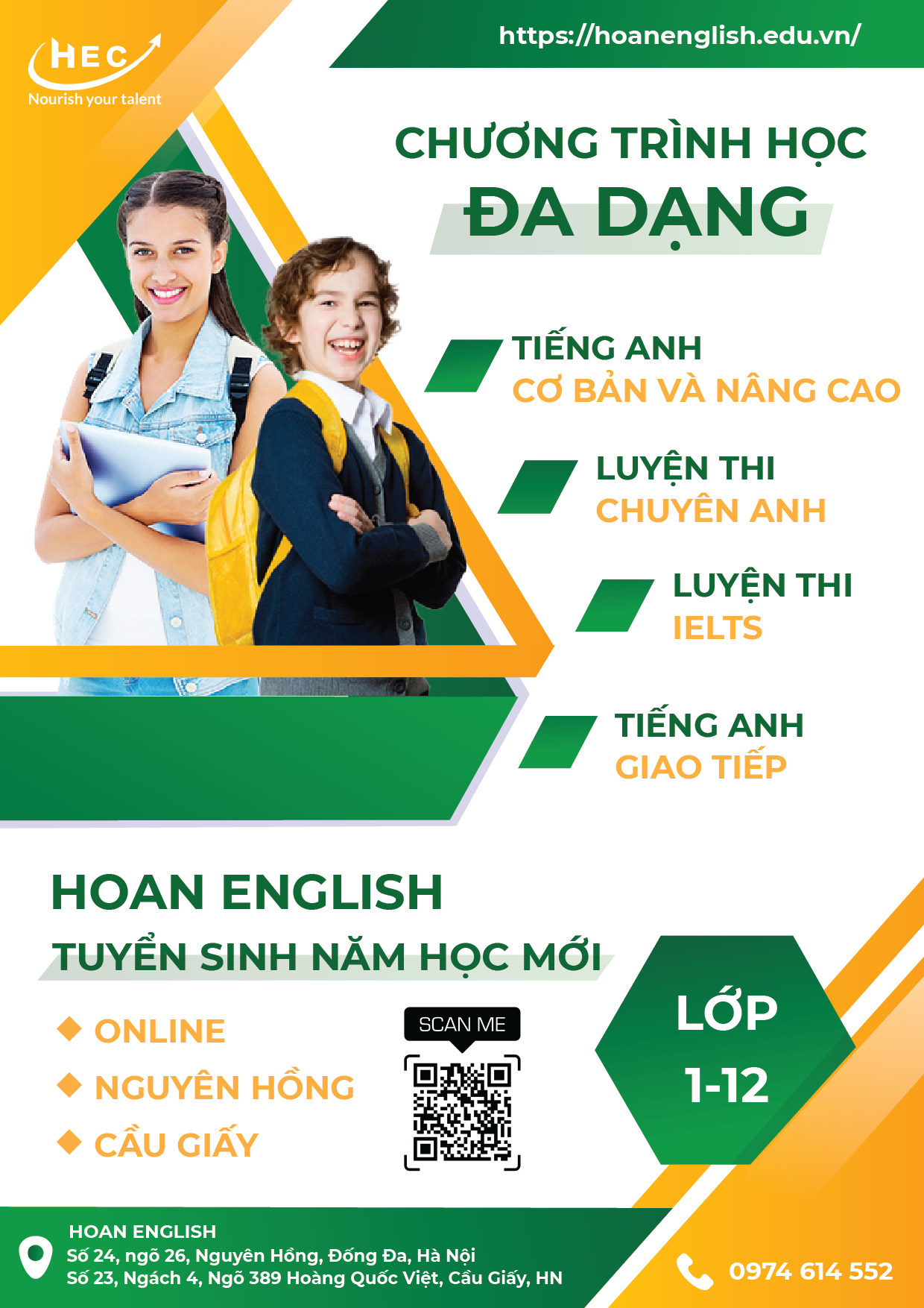 HOAN ENGLISH TUYỂN SINH NĂM HỌC MỚI 2022 – 2023 TẠI CƠ SỞ NGUYÊN HỒNG, CẦU GIẤY & ONLINE