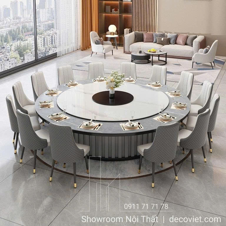 bàn ăn tròn mặt đá có mâm xoay 360 độ