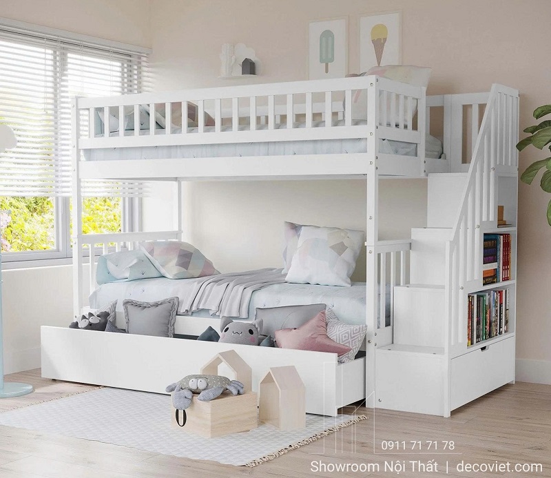 Mẫu giường tầng gỗ thông màu trắng hiện đại cho bé