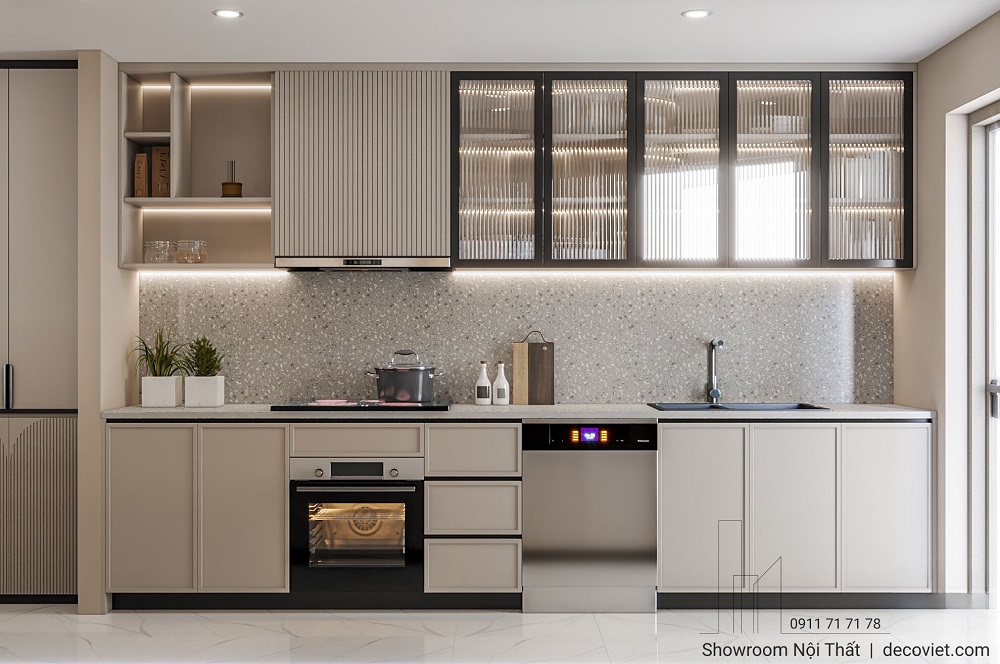 Đẹp sang trọng với mẫu tủ bếp chữ I gỗ công nghiệp
