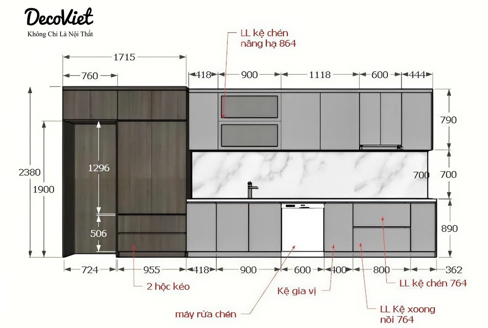 kích thước tủ bếp dưới phù hợp sử dụng