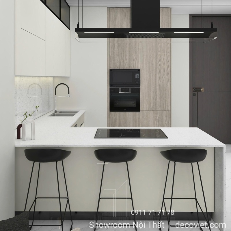Tủ bếp gỗ giá rẻ với mặt đá sang trọng và dễ vệ sinh