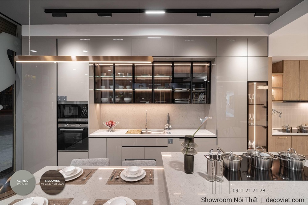 Tủ bếp chữ I gỗ An Cường cánh phủ Acrylic hiện đại